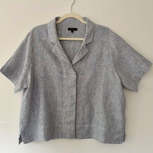 Quince Linen Striped Boxy Button Front Cropped Collared Shirt Navy White XL